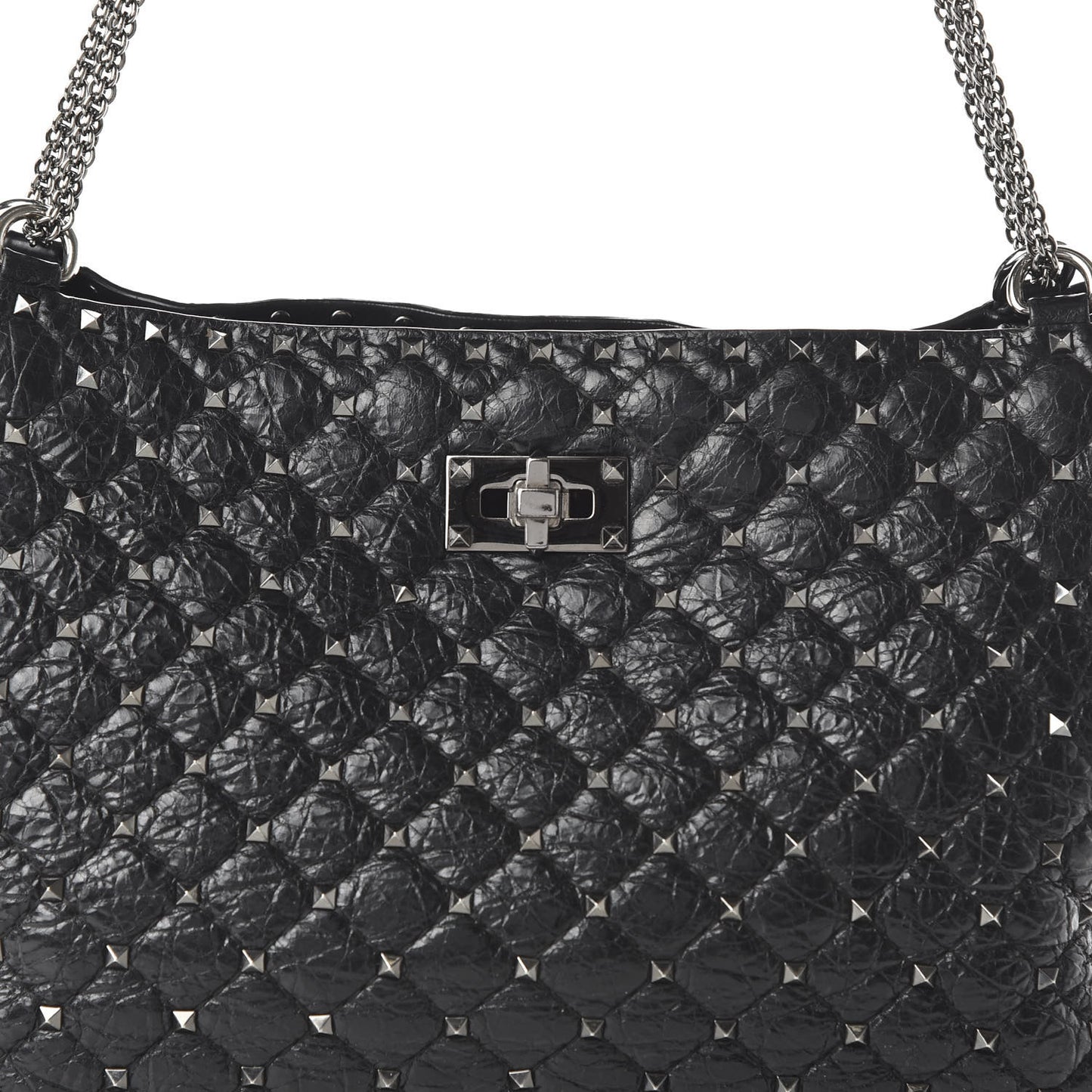 Craquele Nappa Rockstud Spike Shoulder Tote Black