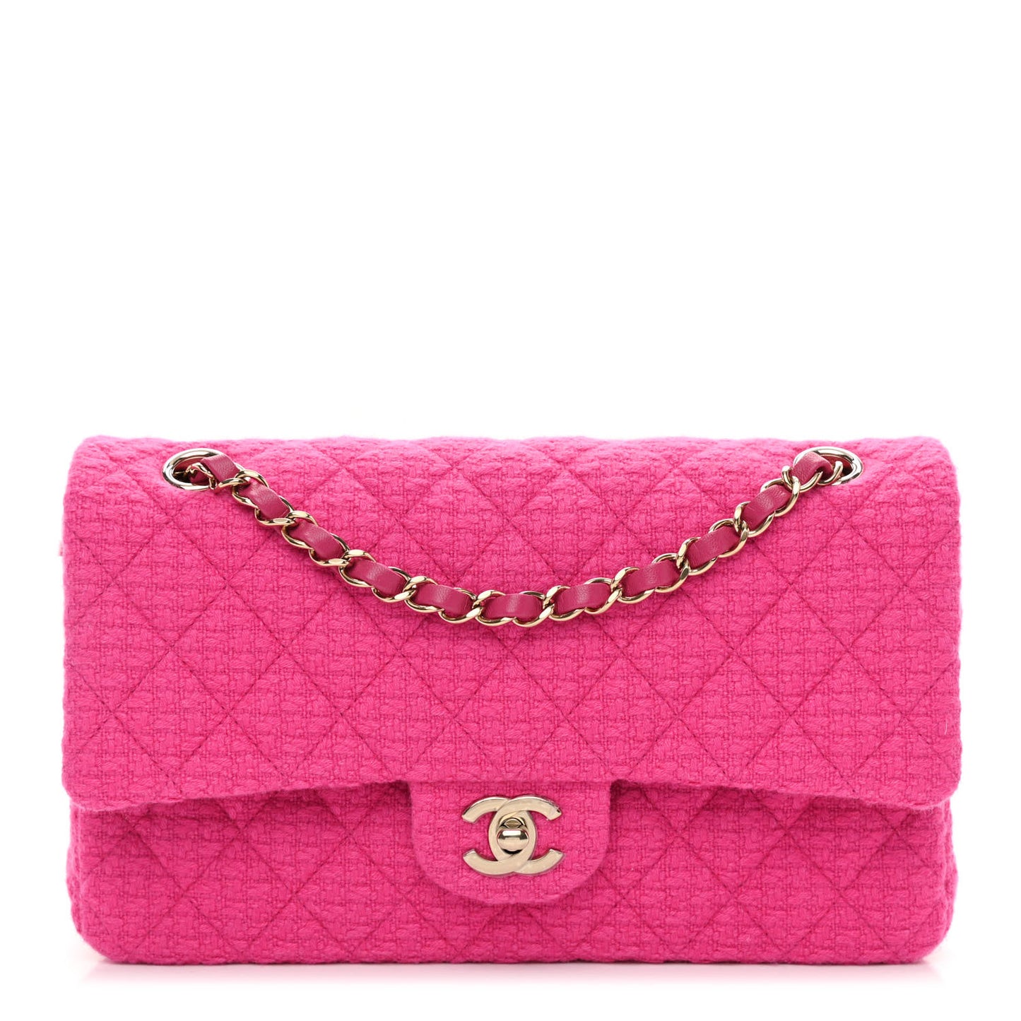 Tweed Quilted Medium Double Flap Fuchsia