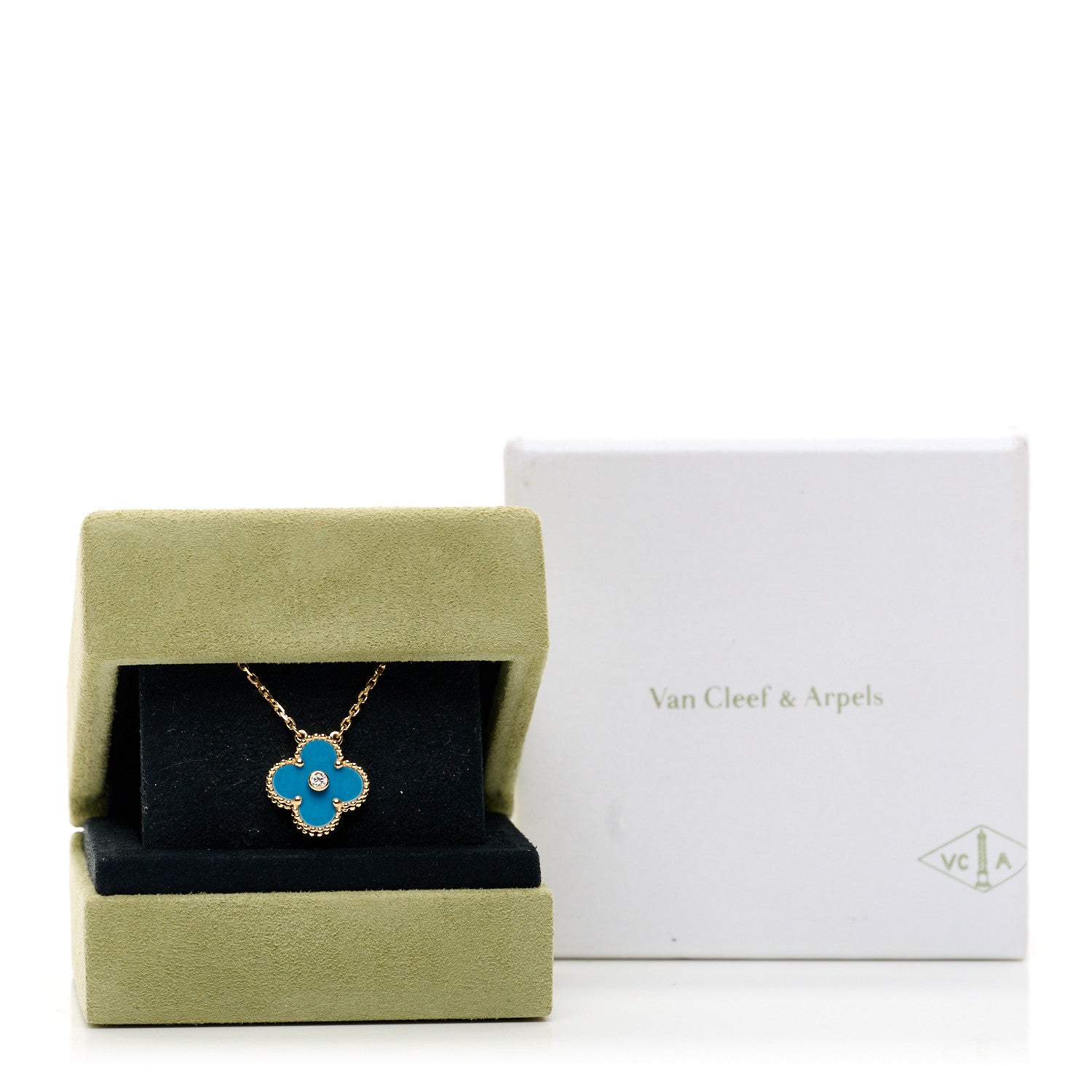Van Cleef & Arpels 18K Yellow Gold Diamond Celestial Blue Sevres Porcelain Vintage Alhambra Pendant Necklace 5 of 5