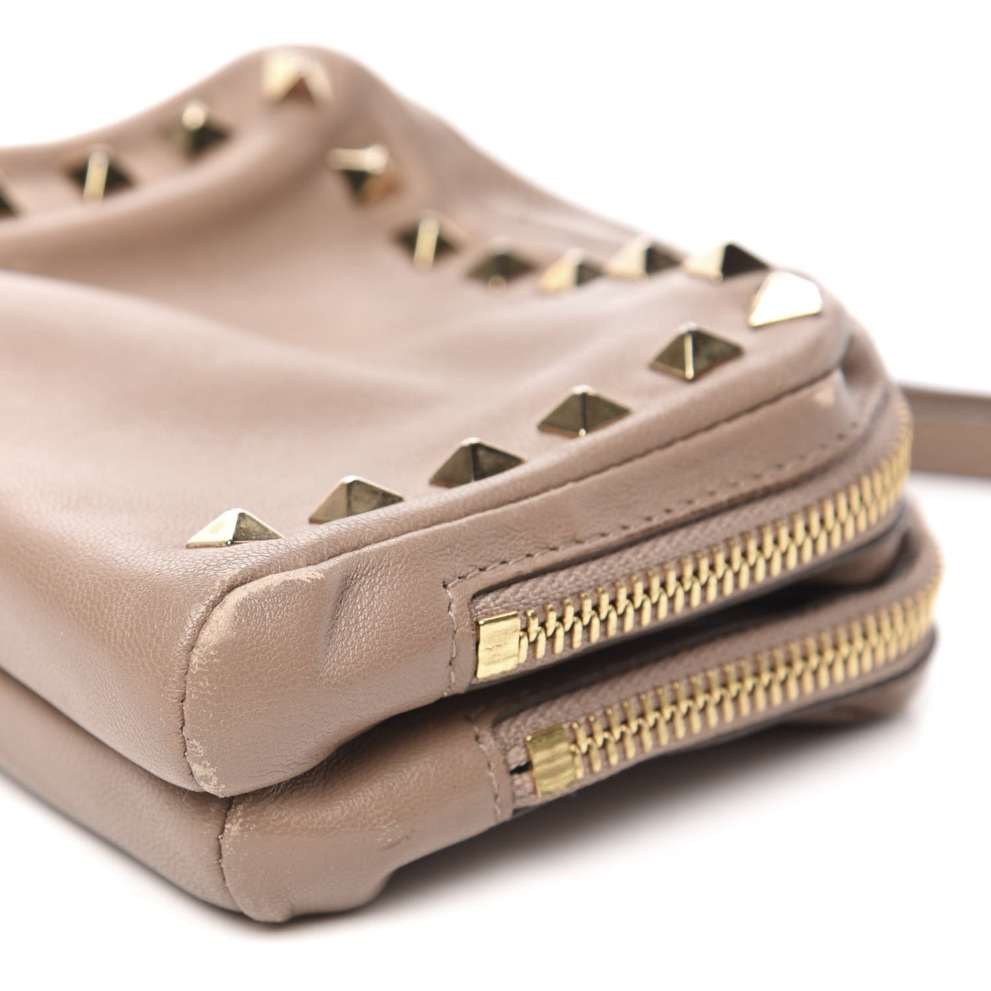Vitello Rockstud Double Zip Compartment Clutch Wristlet Bag Poudre