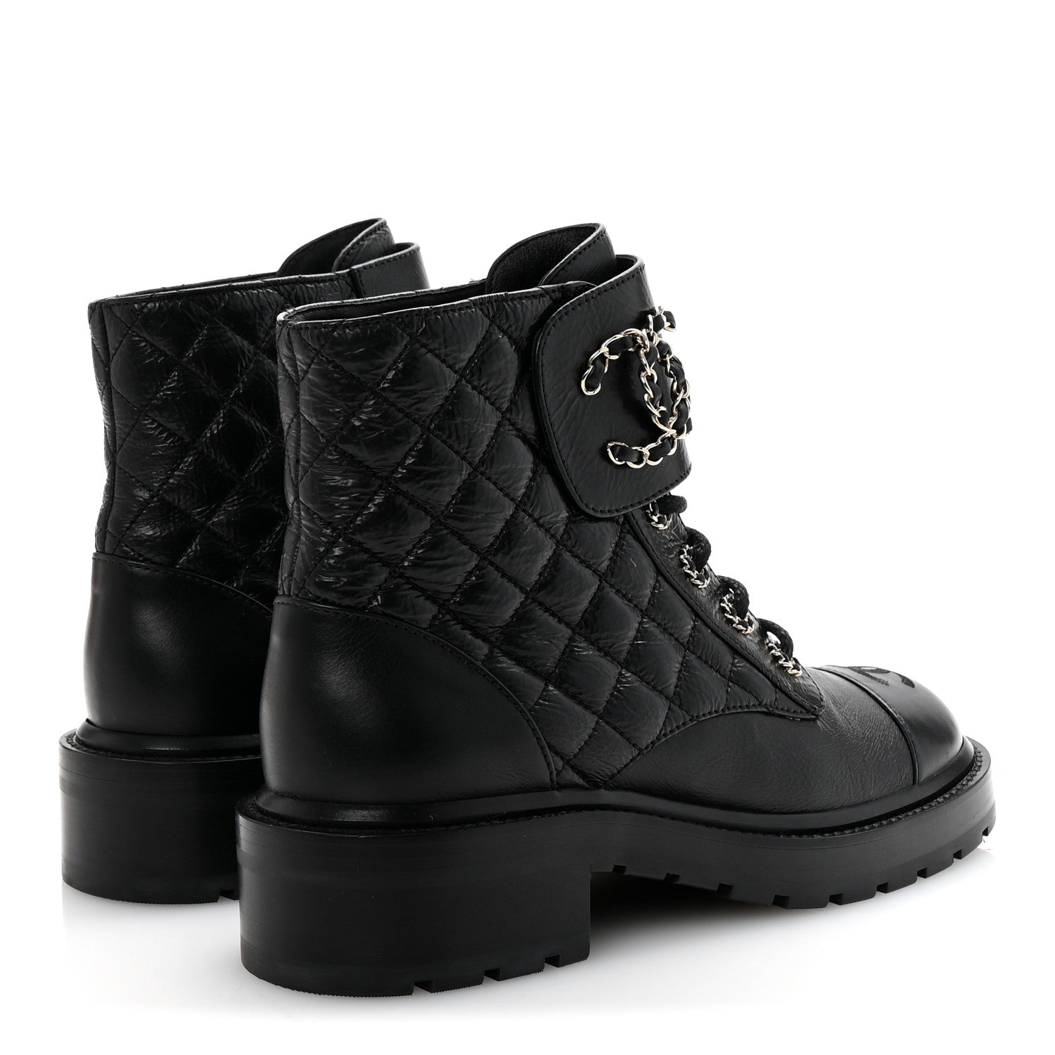 Chanel Shiny Lambskin Quilted Lace Up Combat Boots 38 Black 5 of 10