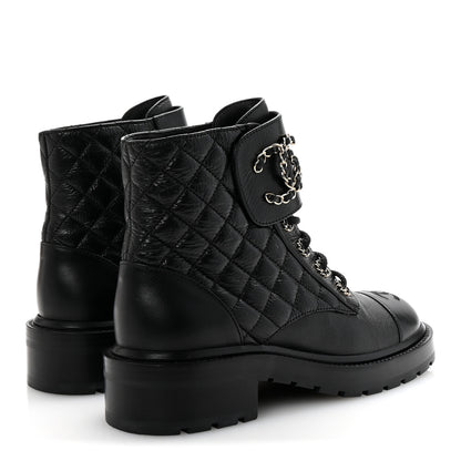 Chanel Shiny Lambskin Quilted Lace Up Combat Boots 38 Black 5 of 10