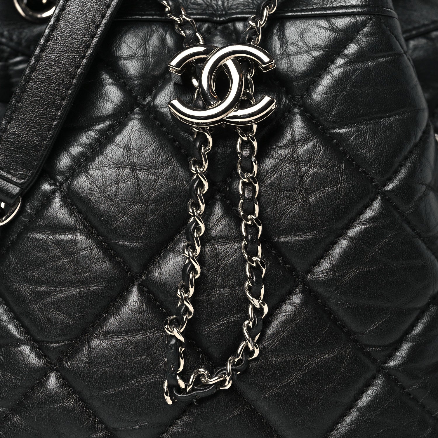 Chanel Crumpled Calfskin Quilted Chain All Over Drawstring Bucket Bag Black 8 of 10