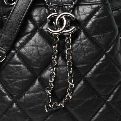Chanel Crumpled Calfskin Quilted Chain All Over Drawstring Bucket Bag Black 8 of 10