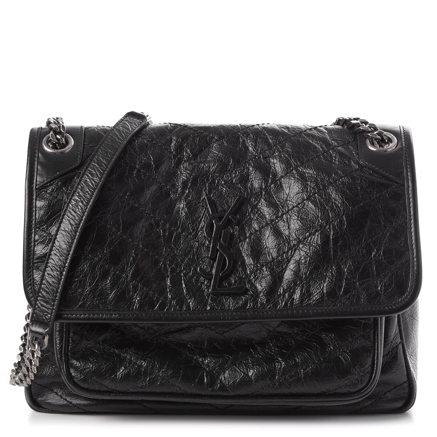 Crinkled Calfskin Matelasse Monogram Medium Niki Chain Satchel Black