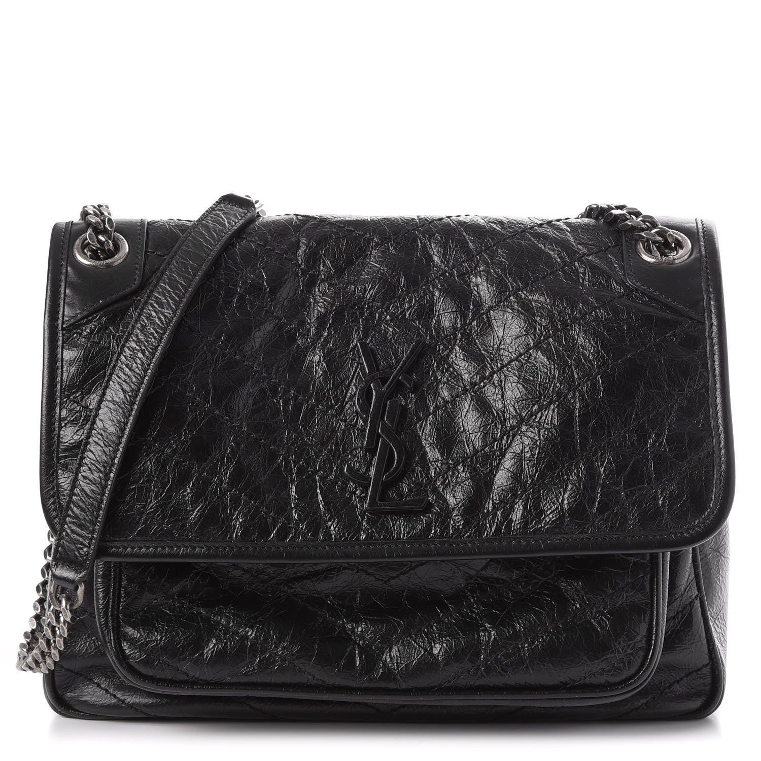 Saint Laurent Crinkled Calfskin Matelasse Monogram Medium Niki Chain Satchel Black 1 of 8