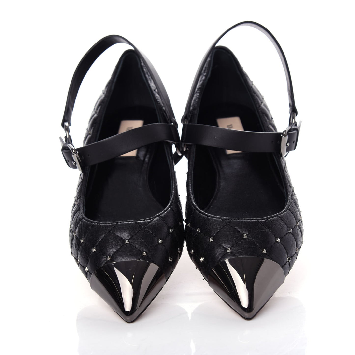 Crackled Lambskin Rockstud Spike Captoe Ballerina Flats 36.5 Black
