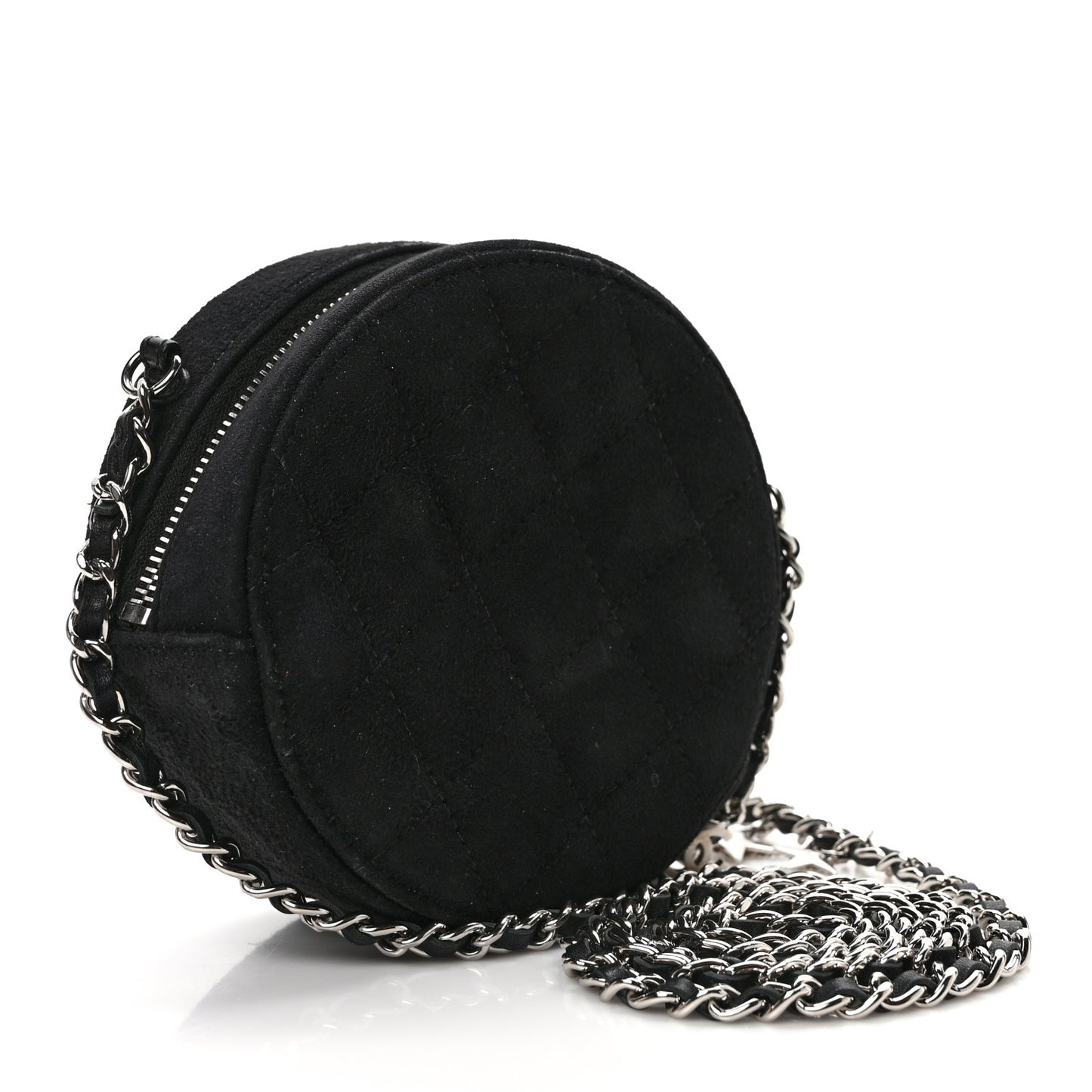 Suede Quilted Crystal Round Clutch With Logo Chain Black