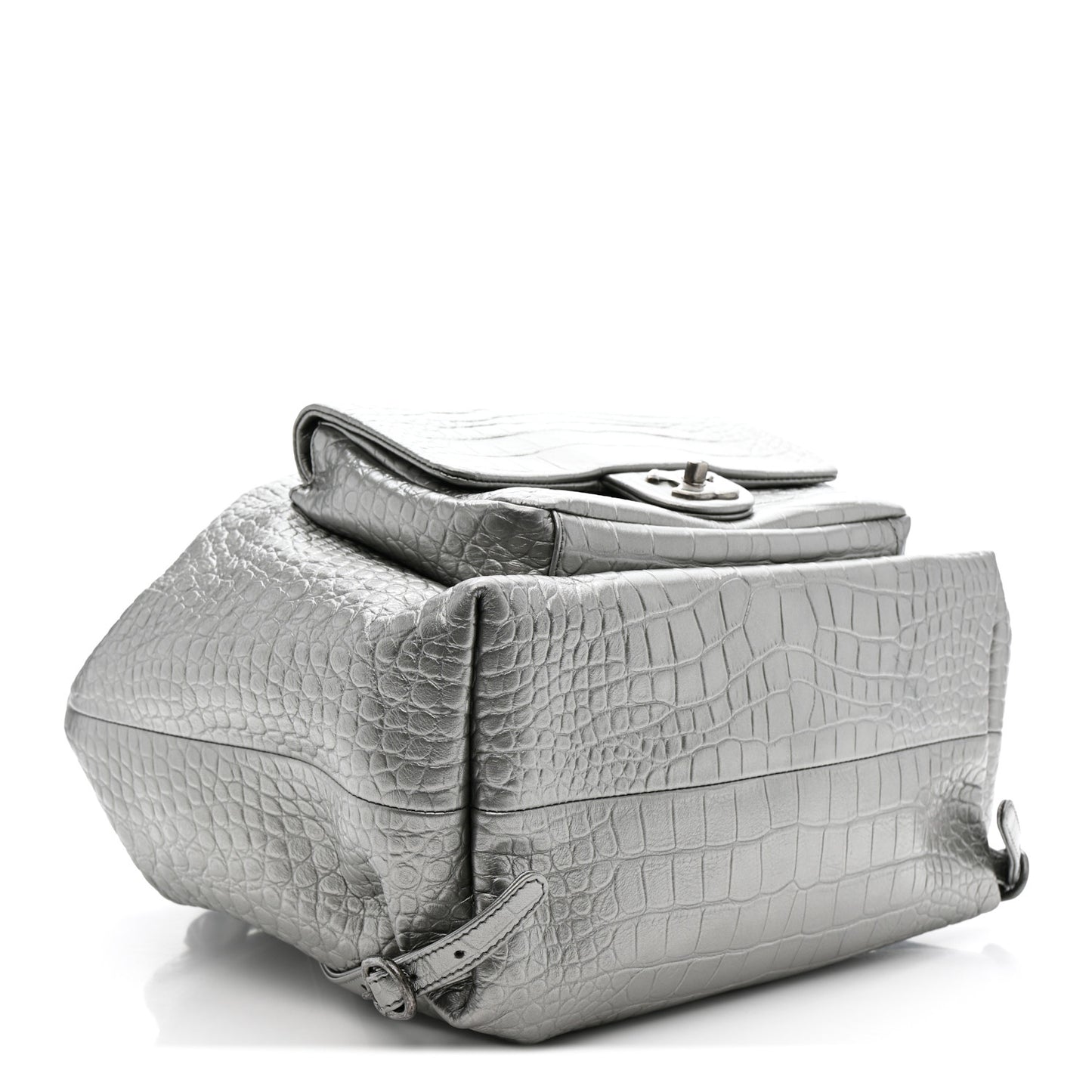 Metallic Calfskin Crocodile Embossed Large Backpack Silver