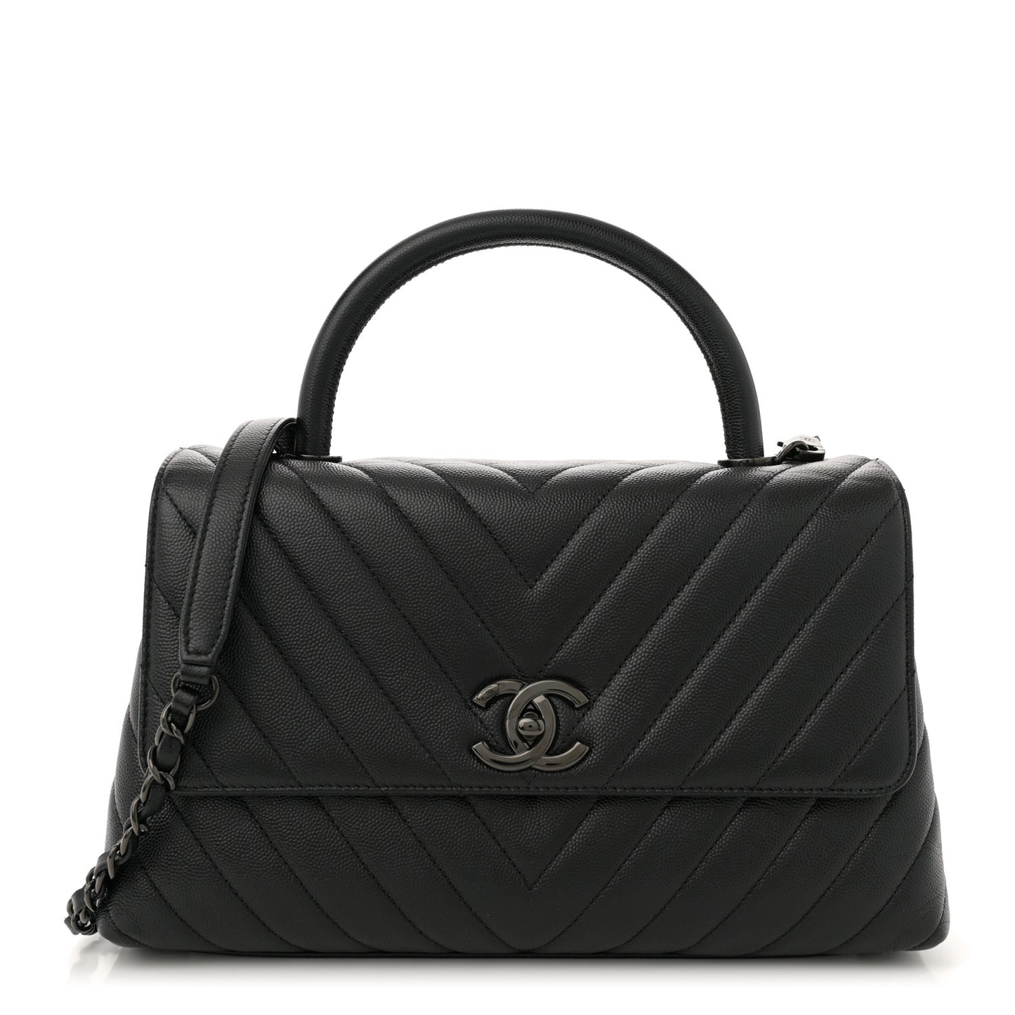 Caviar Chevron Quilted Small Coco Handle Flap So Black