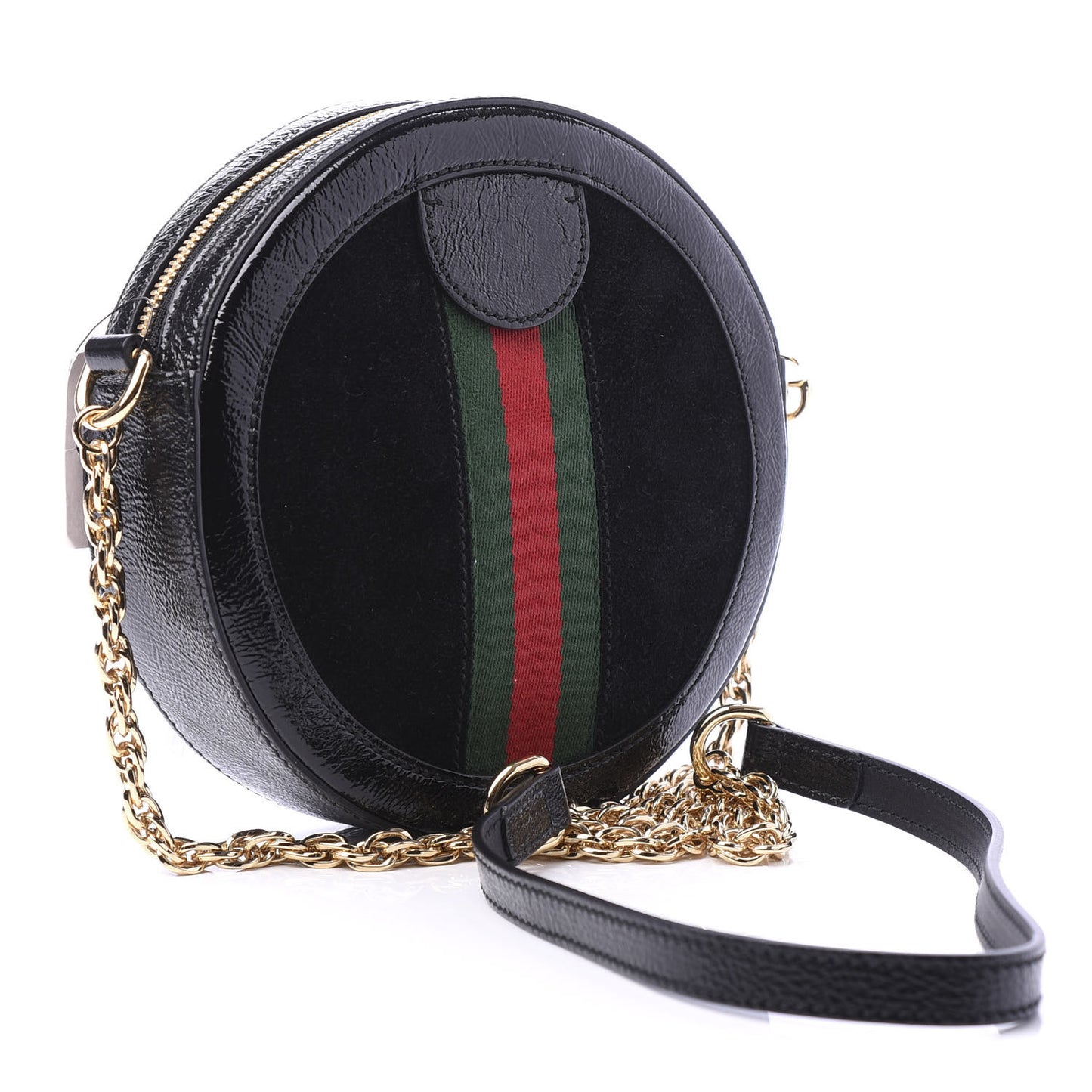 Suede Patent Web Mini Ophidia Round Shoulder Bag Black