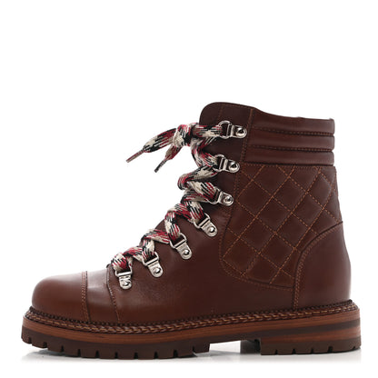 Chanel Lambskin Quilted Lace Up Boots 37 Brown 1 of 8