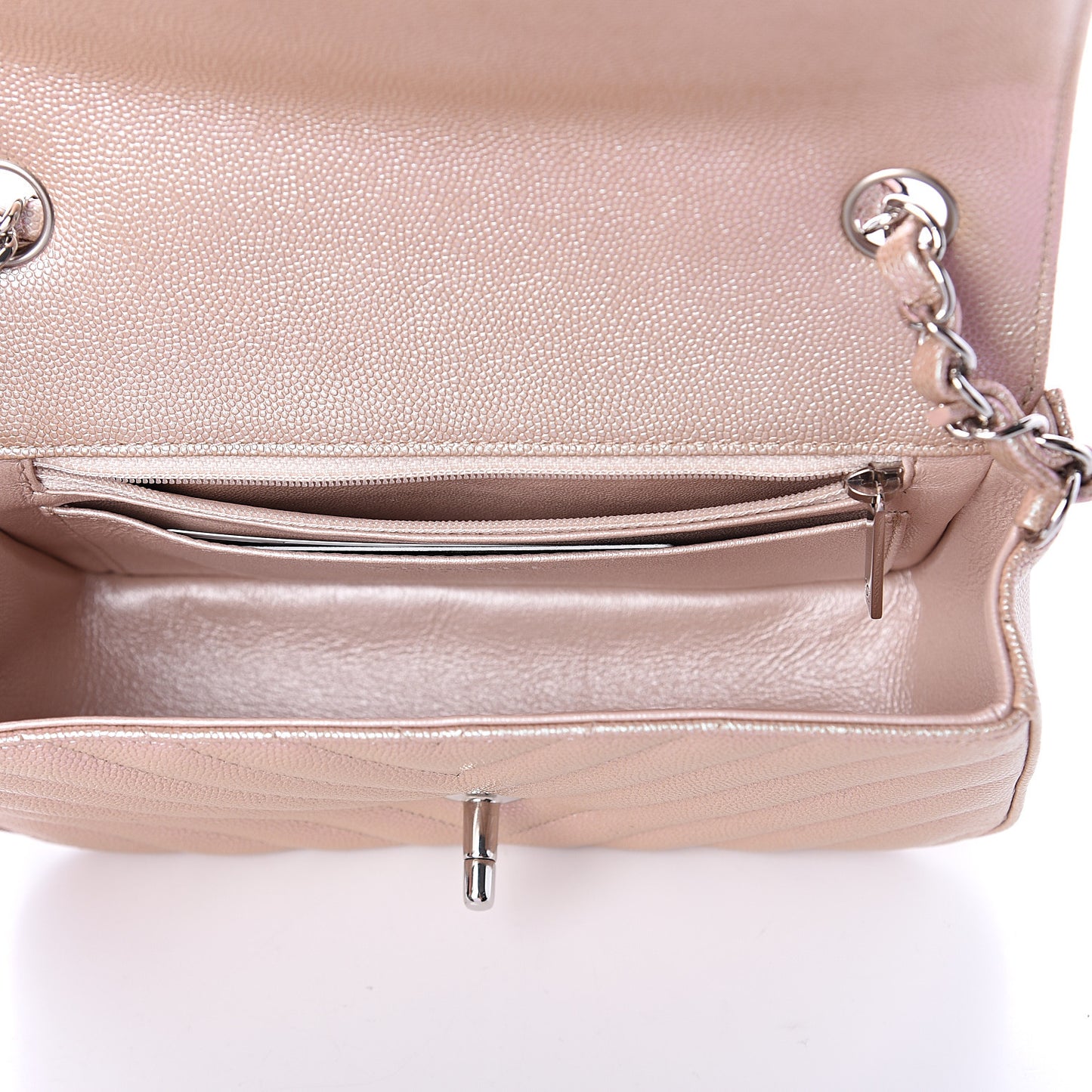 Iridescent Caviar Chevron Quilted Mini Rectangular Flap Light Gold
