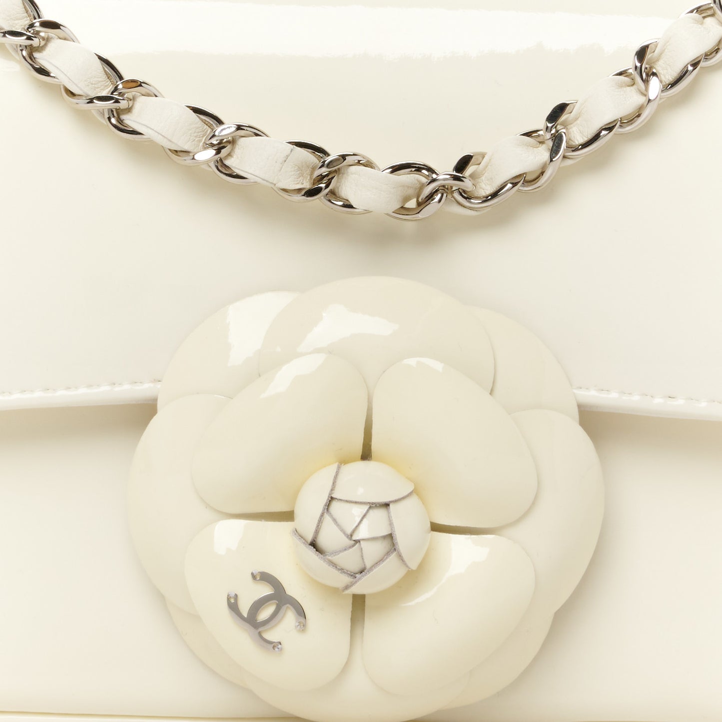 Patent Calfskin Small Camellia Single Flap White