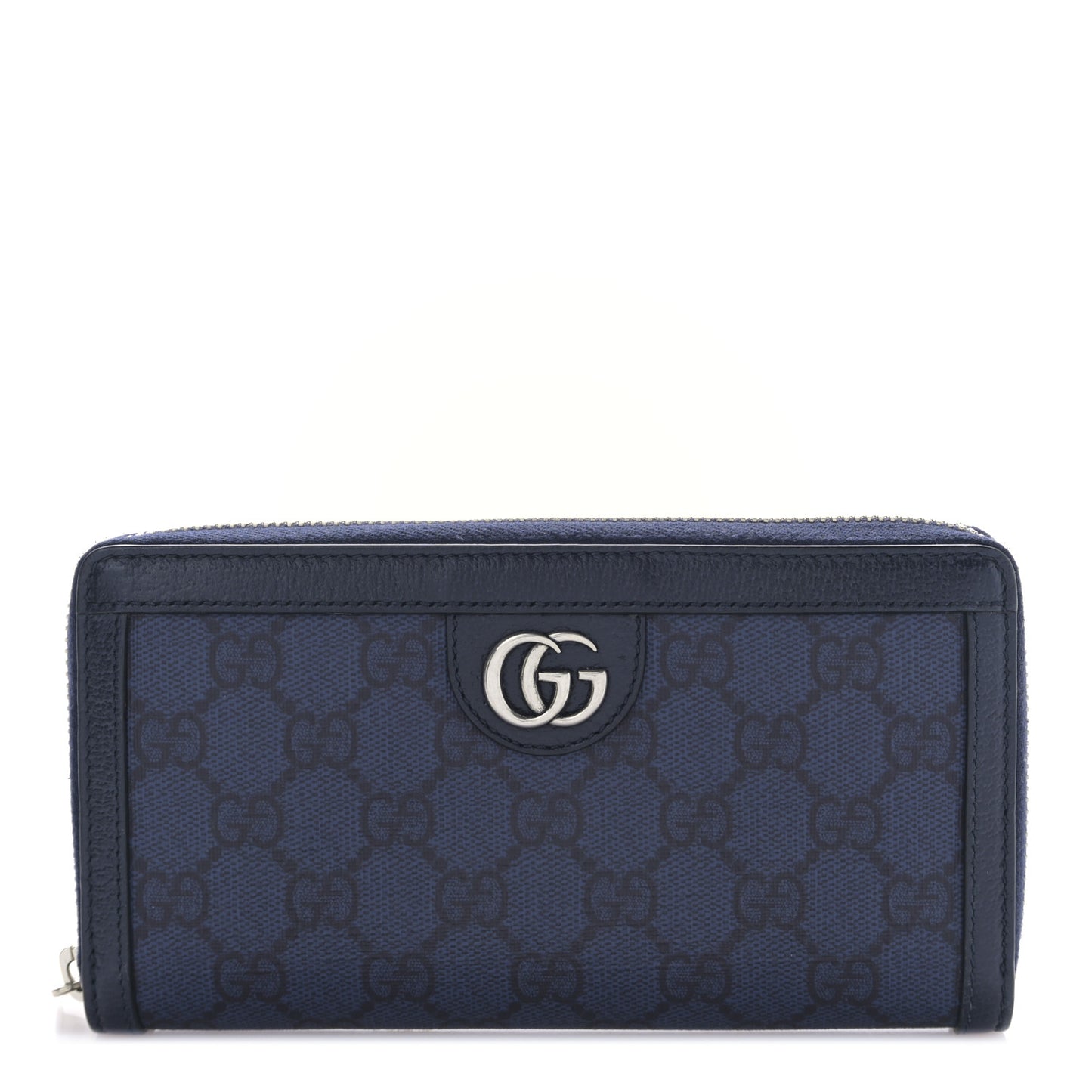 GG Supreme Monogram Textured Dollar Calfskin Ophidia Zip Around Wallet Blue Dark Blue