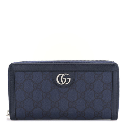 Gucci GG Supreme Monogram Textured Dollar Calfskin Ophidia Zip Around Wallet Blue Dark Blue 1 of 9