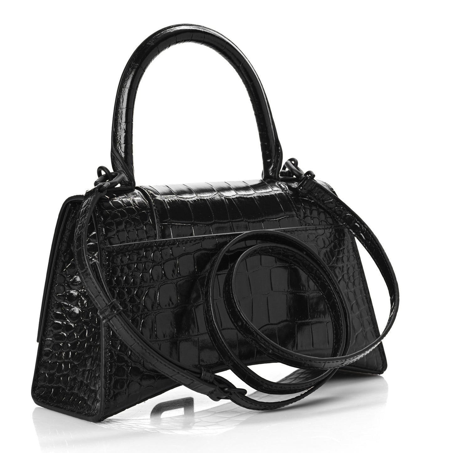 Shiny Calfskin Monochrome Crocodile Embossed Small Hourglass Top Handle Bag Black