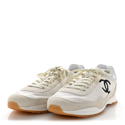 Chanel Fabric Embossed Suede Calfskin Womens CC Sneakers 38.5 White Black 4 of 10