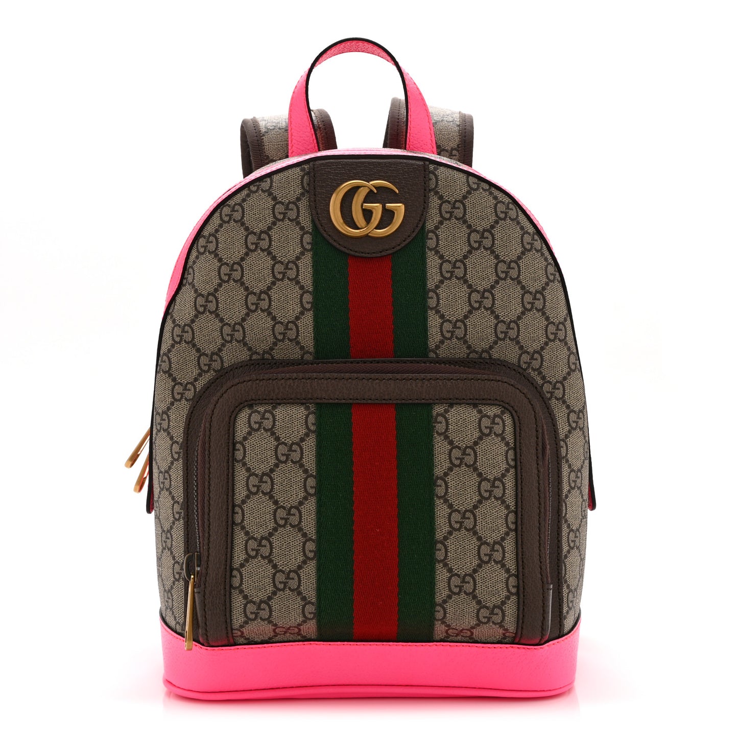 GG Supreme Monogram Textured Dollar Calfskin Web Small Ophidia Day Backpack Beige Ebony Fluorescent Fuchsia