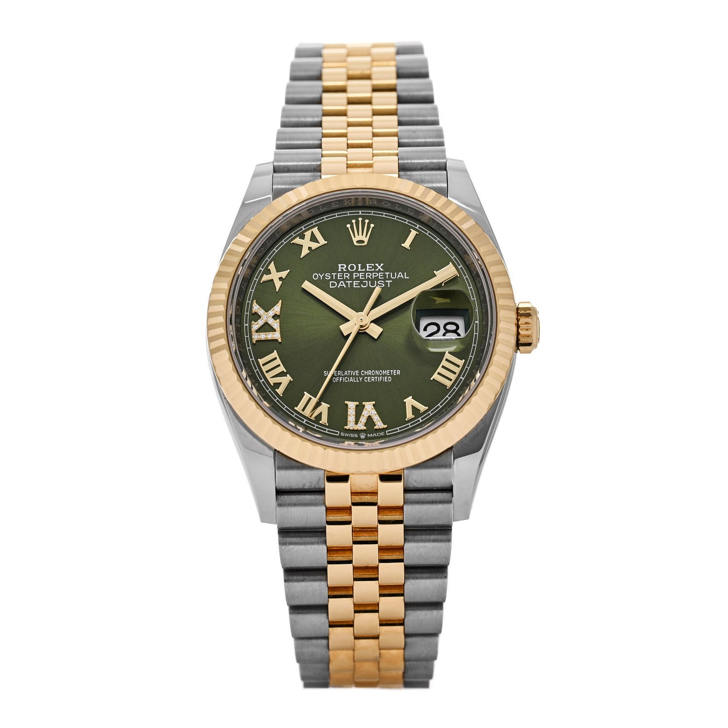 Stainless Steel 18K Yellow Gold Diamond 36mm Oyster Perpetual Datejust Watch Olive Green Roman 126233