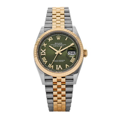 Rolex Stainless Steel 18K Yellow Gold Diamond 36mm Oyster Perpetual Datejust Watch Olive Green Roman 126233 1 of 5