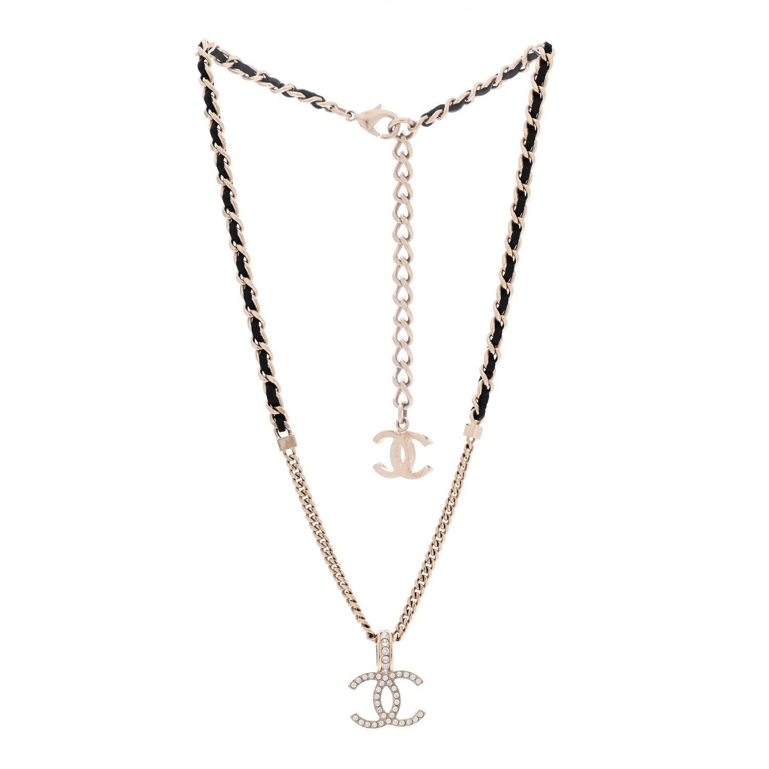 Chanel Lambskin Crystal CC Chain Pendant Necklace Black Gold 3 of 6