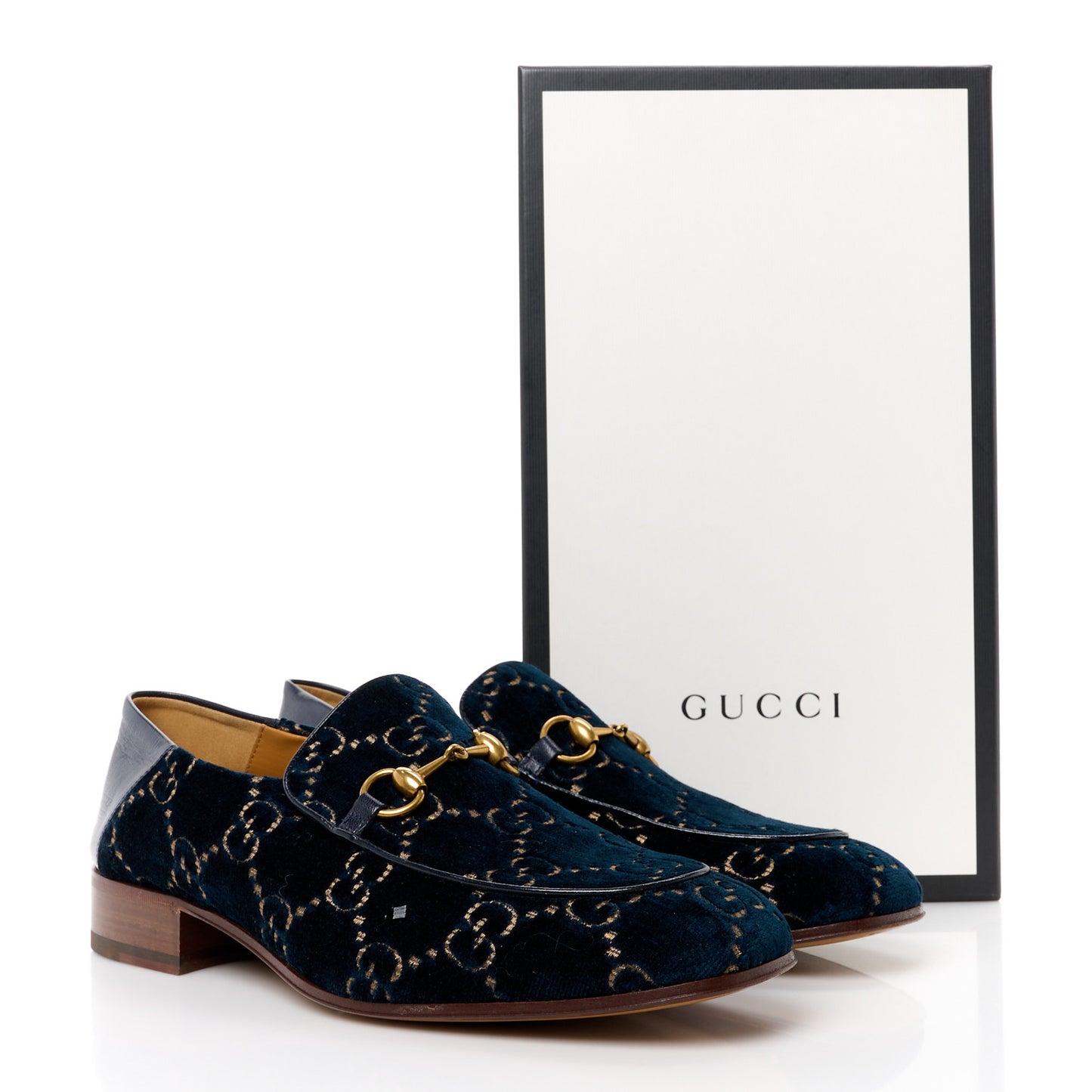 Velvet GG Monogram Goatskin Mens Horsebit Loafers 12 Blue Beige