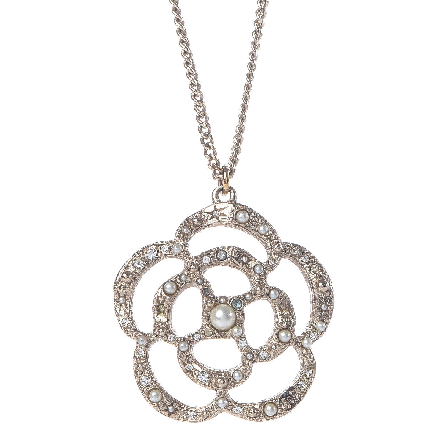 Chanel Pearl Crystal Large Camellia Pendant Necklace Light Gold 4 of 7