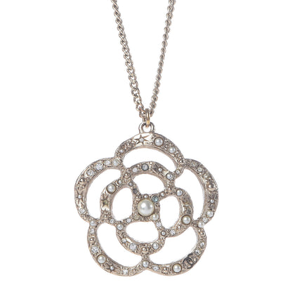 Chanel Pearl Crystal Large Camellia Pendant Necklace Light Gold 4 of 7