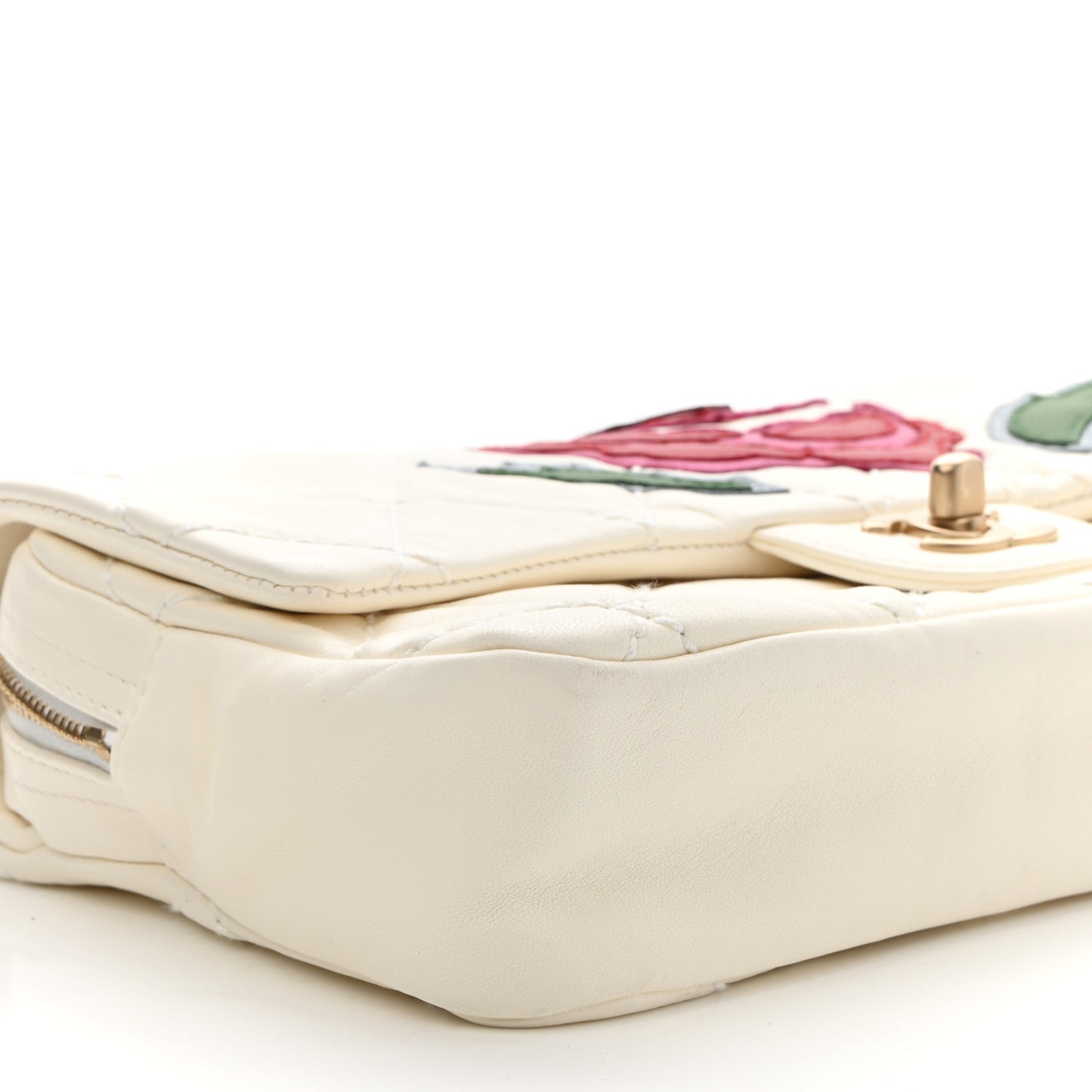 Lambskin Quilted Flower Patch Single Flap White