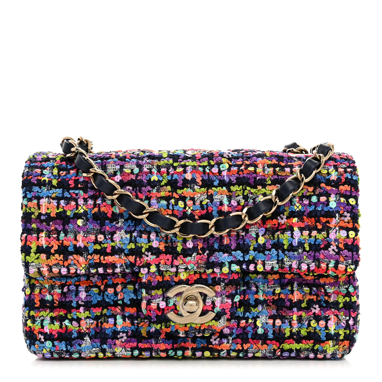 Tweed Quilted Mini Rectangular Flap Navy Blue Multicolor