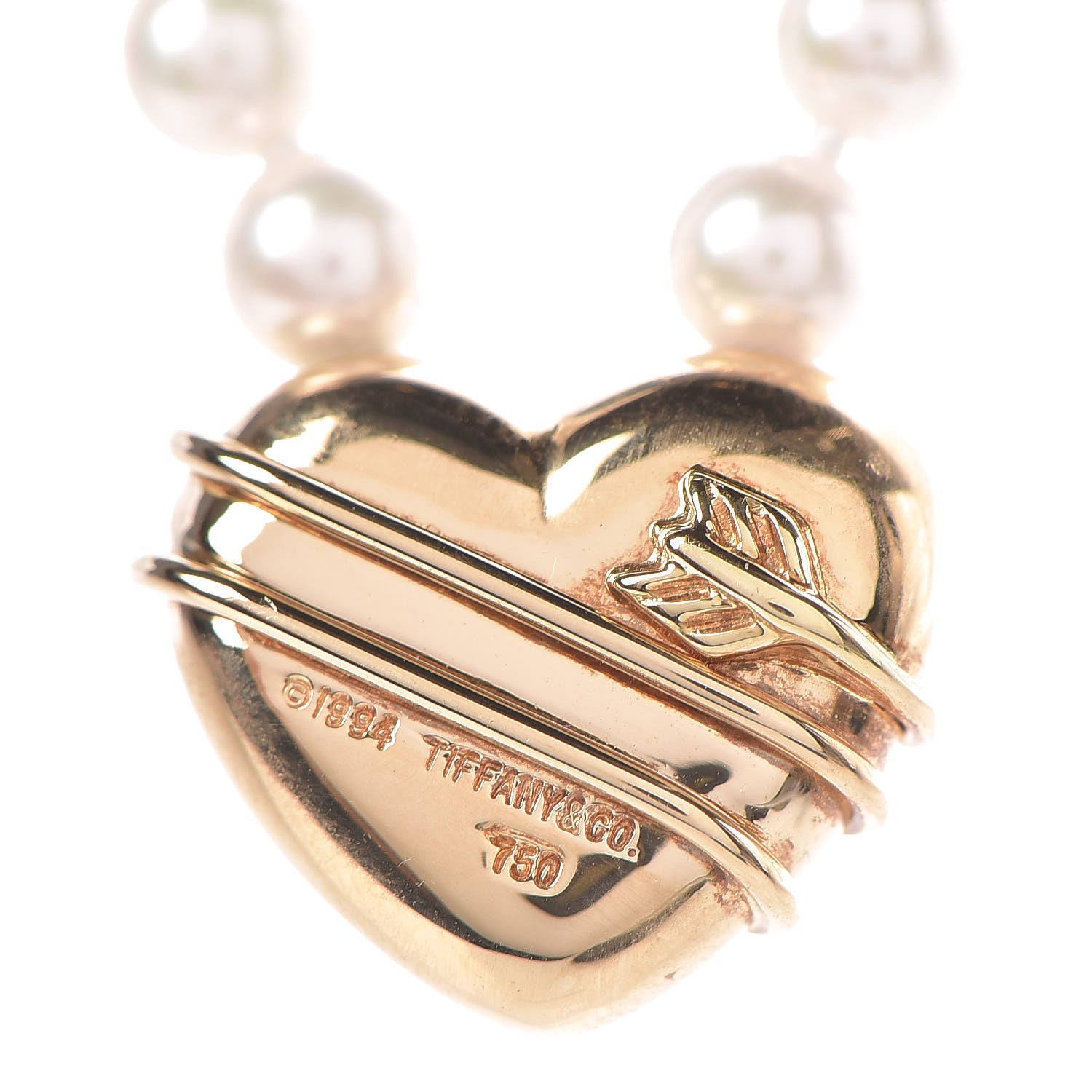 Tiffany 18K Yellow Gold Pearl Cupid's Arrow Heart Necklace 5 of 6
