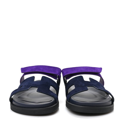 Hermes Suede Goatskin Womens Chypre Sandals 37.5 Marine Violet Majorette 2 of 9