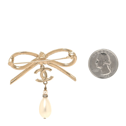 Chanel Pearl Crystal CC Bow Drop Brooch Gold Pearly White 2 of 4