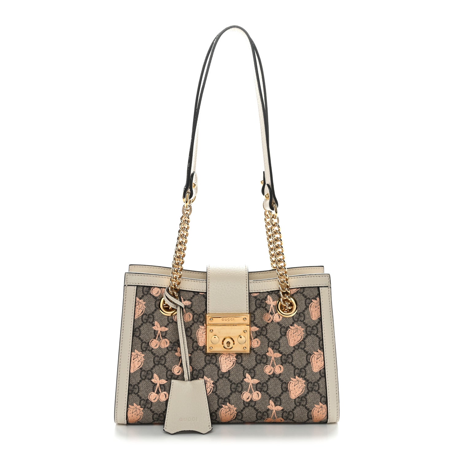 Gucci GG Supreme Monogram Berry Textured Dollar Calfskin Small Padlock Tote Beige Ebony Light Copper Mystic White 1 of 14