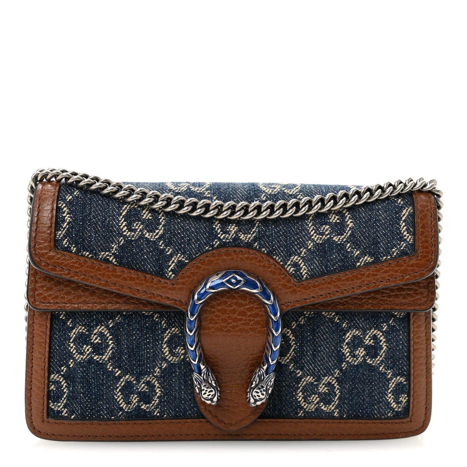 Gucci New Denim GG Monogram Dollar Calfskin Enamel Super Mini Dionysus Shoulder Bag Blue Tea Cuir Epilog Electric Blue 1 of 10