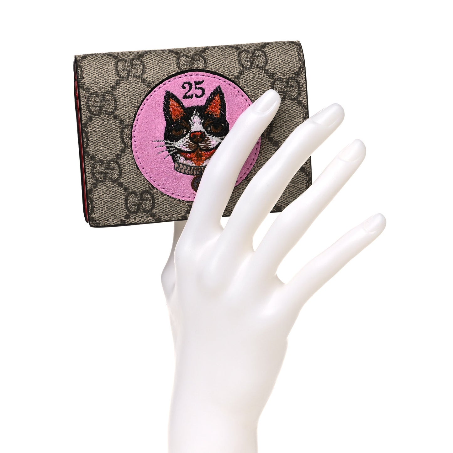 GG Supreme Monogram Bosco Patch Card Case Wallet Beige Malva Hibiscus Red