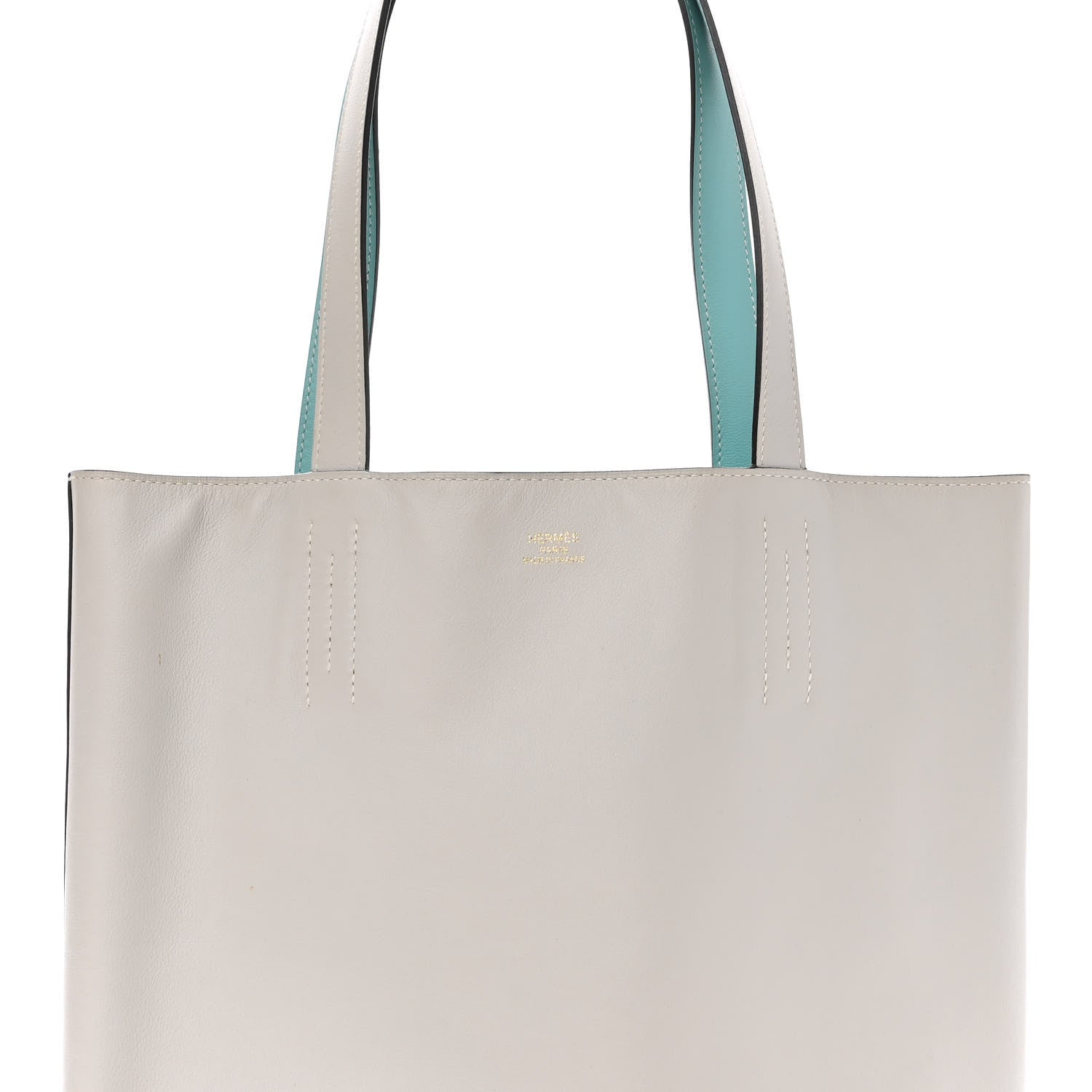 Hermes Veau Sikkim Swift Double Sens 30 Reversible Tote Gris Perle Colvert Bleu Atoll 6 of 9