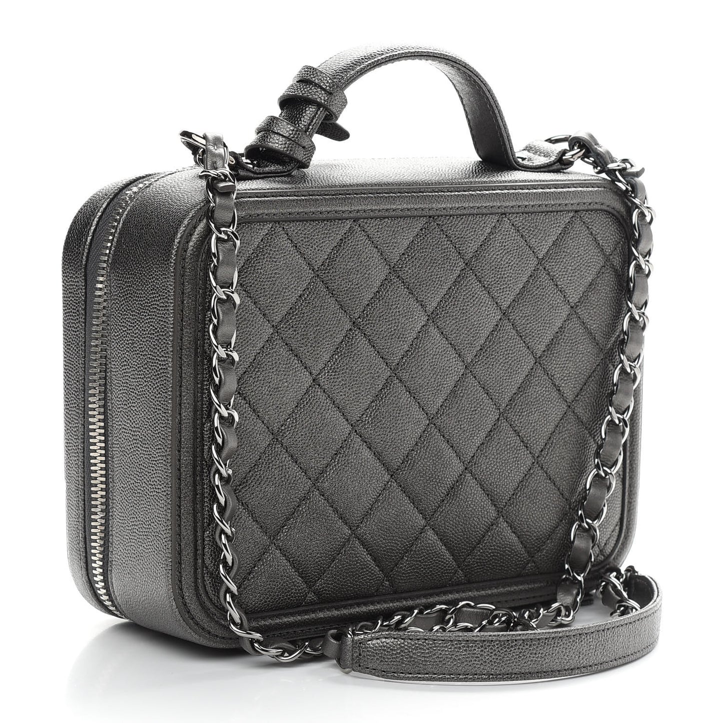 Metallic Caviar Quilted Medium CC Filigree Vanity Case Dark Silver