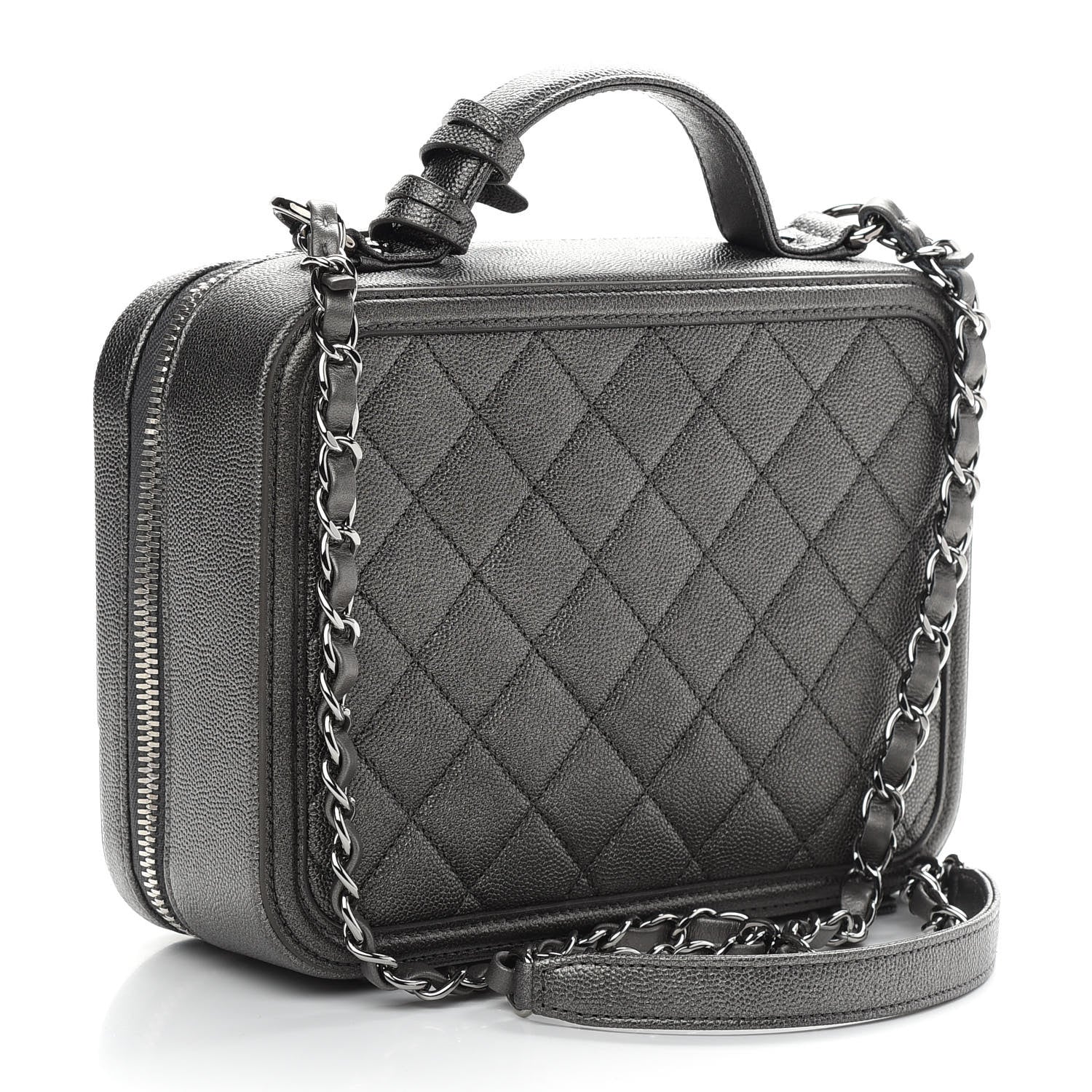 Chanel Metallic Caviar Quilted Medium CC Filigree Vanity Case Dark Silver 3 of 9