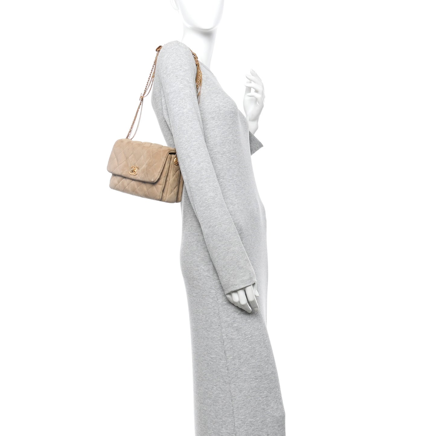 Suede Quilted Precious Buttons Flap Beige