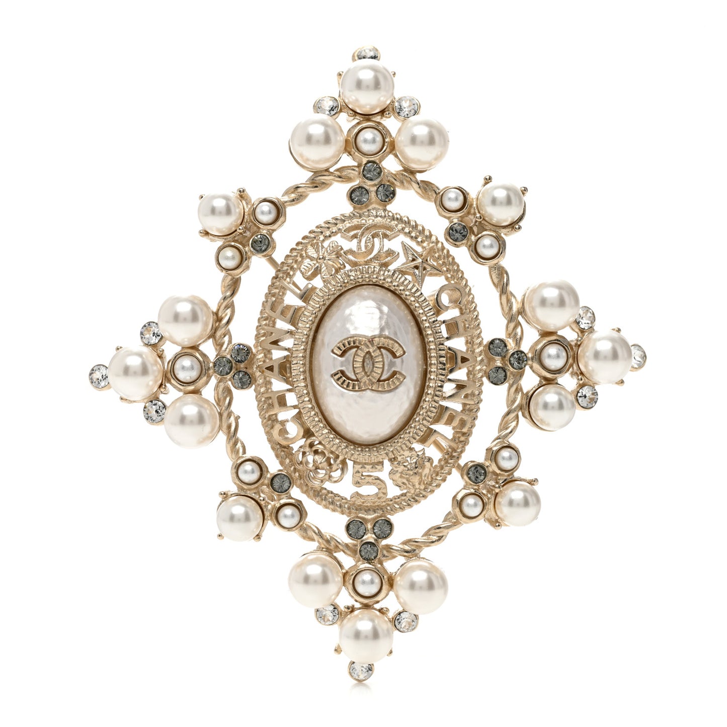 Pearl Crystal CC Brooch Gold