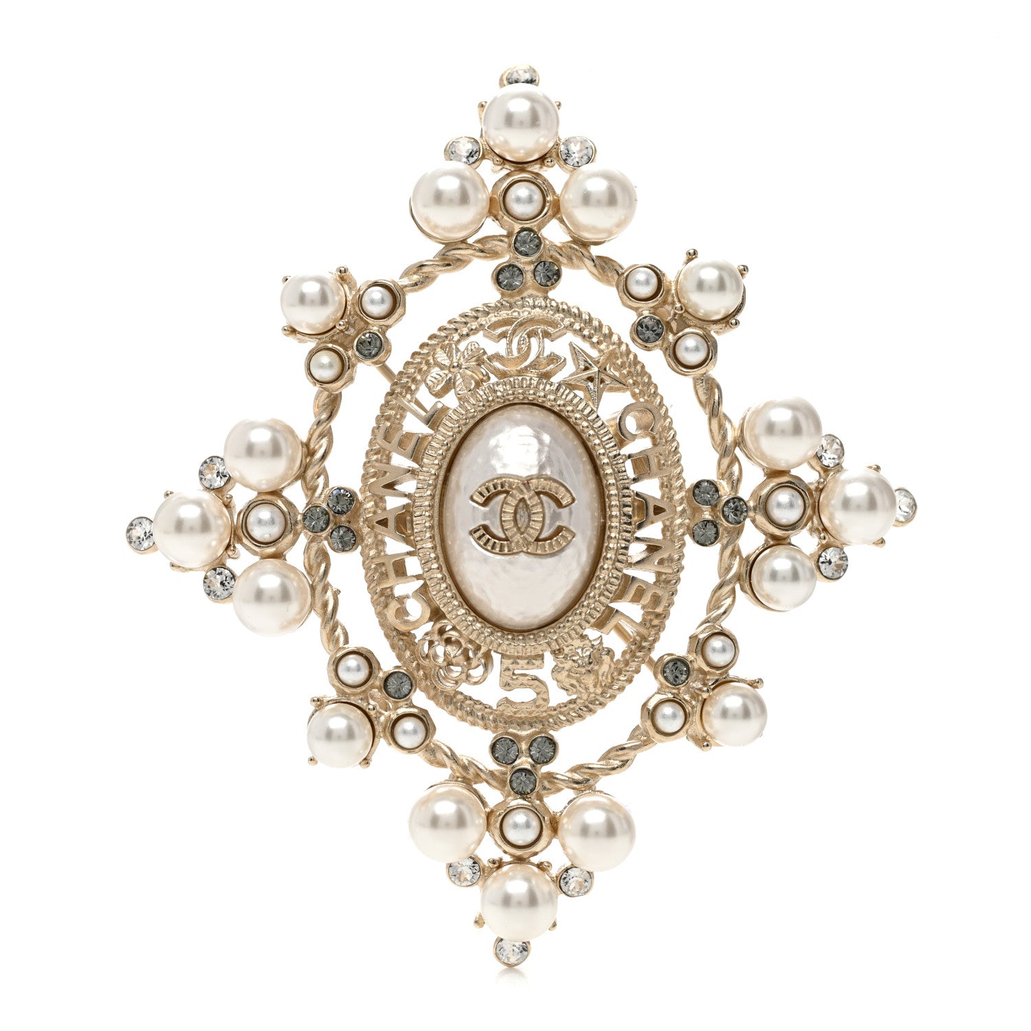 Chanel Pearl Crystal CC Brooch Gold 1 of 5