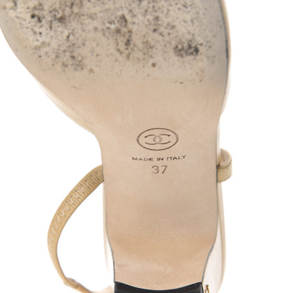 Chanel Goatskin Grosgrain Cap Toe CC Slingback Pumps 37 Beige Black 6 of 11