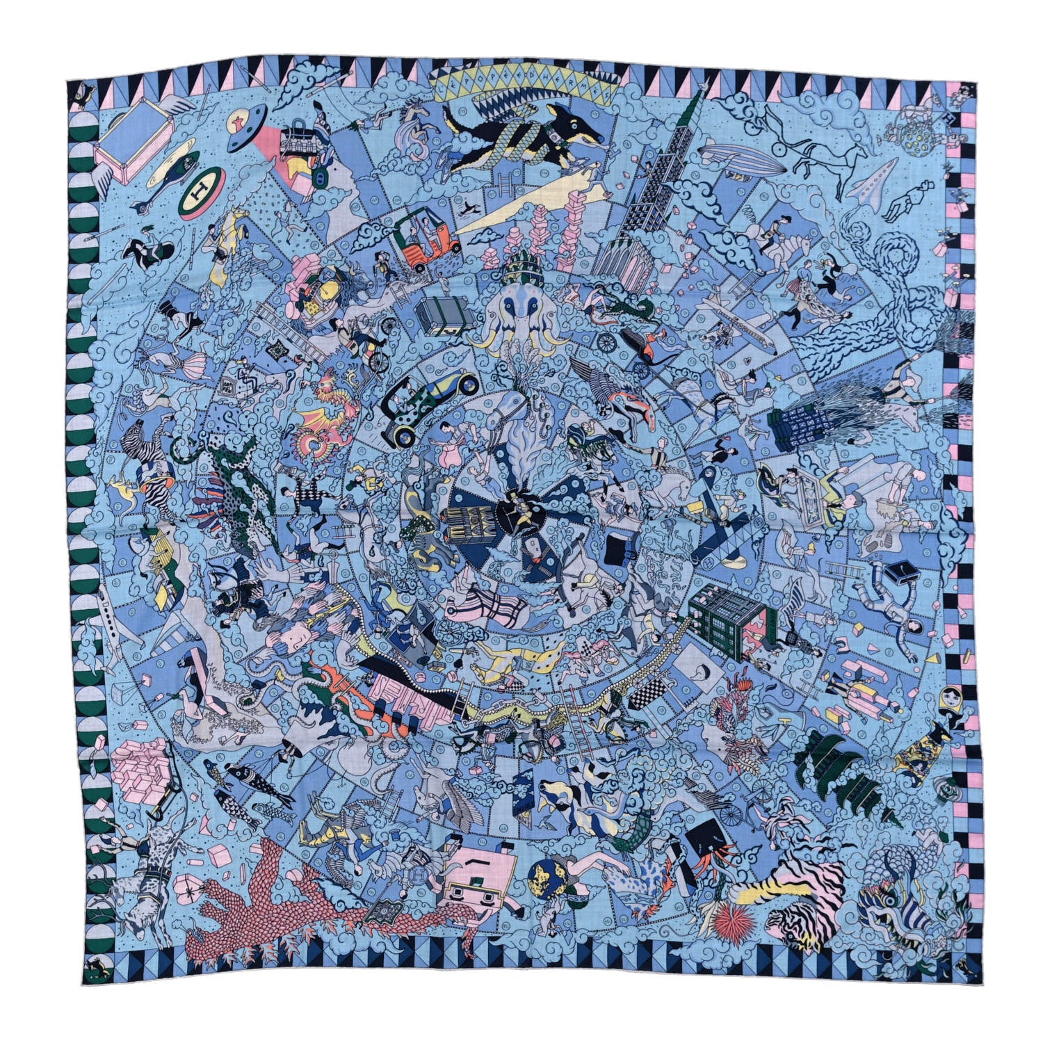 Hermes Cashmere Silk L'Epopee D'Hermes Shawl 140 Bleu Ciel Rose Pale Jaune 1 of 4
