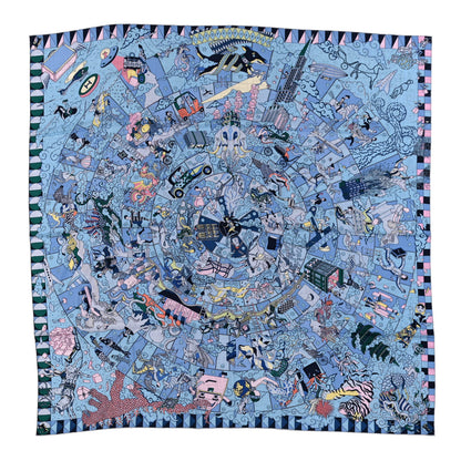 Hermes Cashmere Silk L'Epopee D'Hermes Shawl 140 Bleu Ciel Rose Pale Jaune 1 of 4