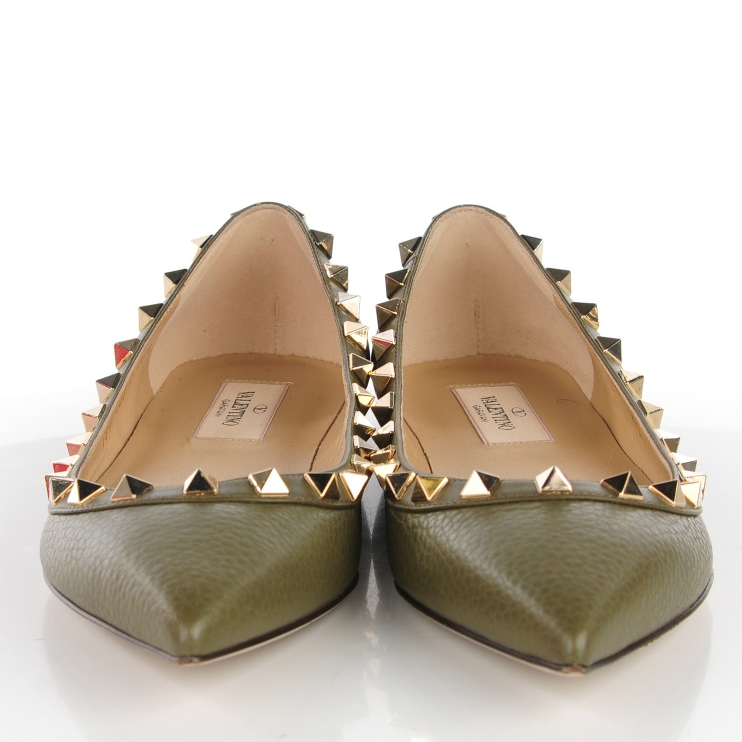 Pebbled Calfskin Rockstud Ballerina Flats 35.5 Army Green