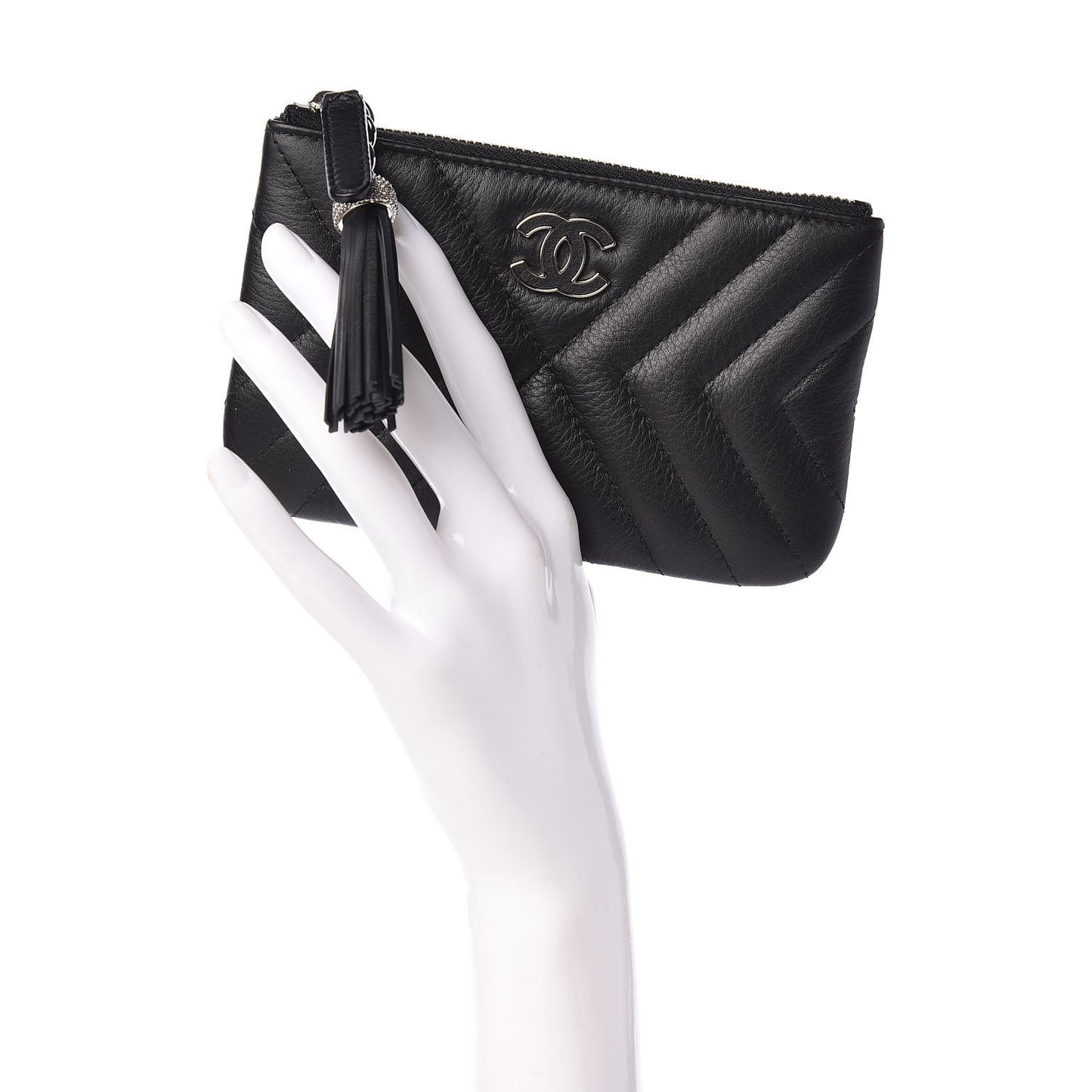 Calfskin Chevron Quilted Tassel Small Cosmetic Case Black