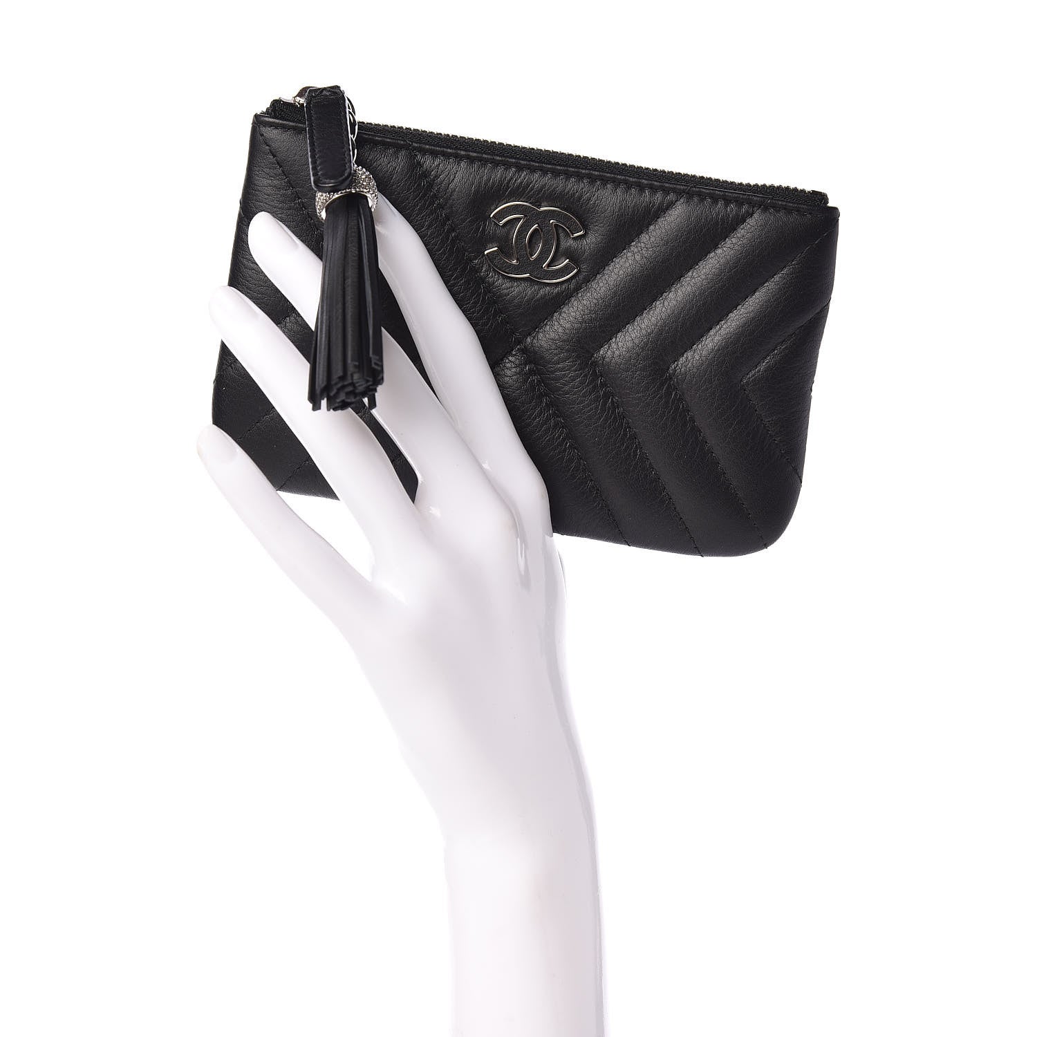Chanel Calfskin Chevron Quilted Tassel Small Cosmetic Case Black 2 of 8