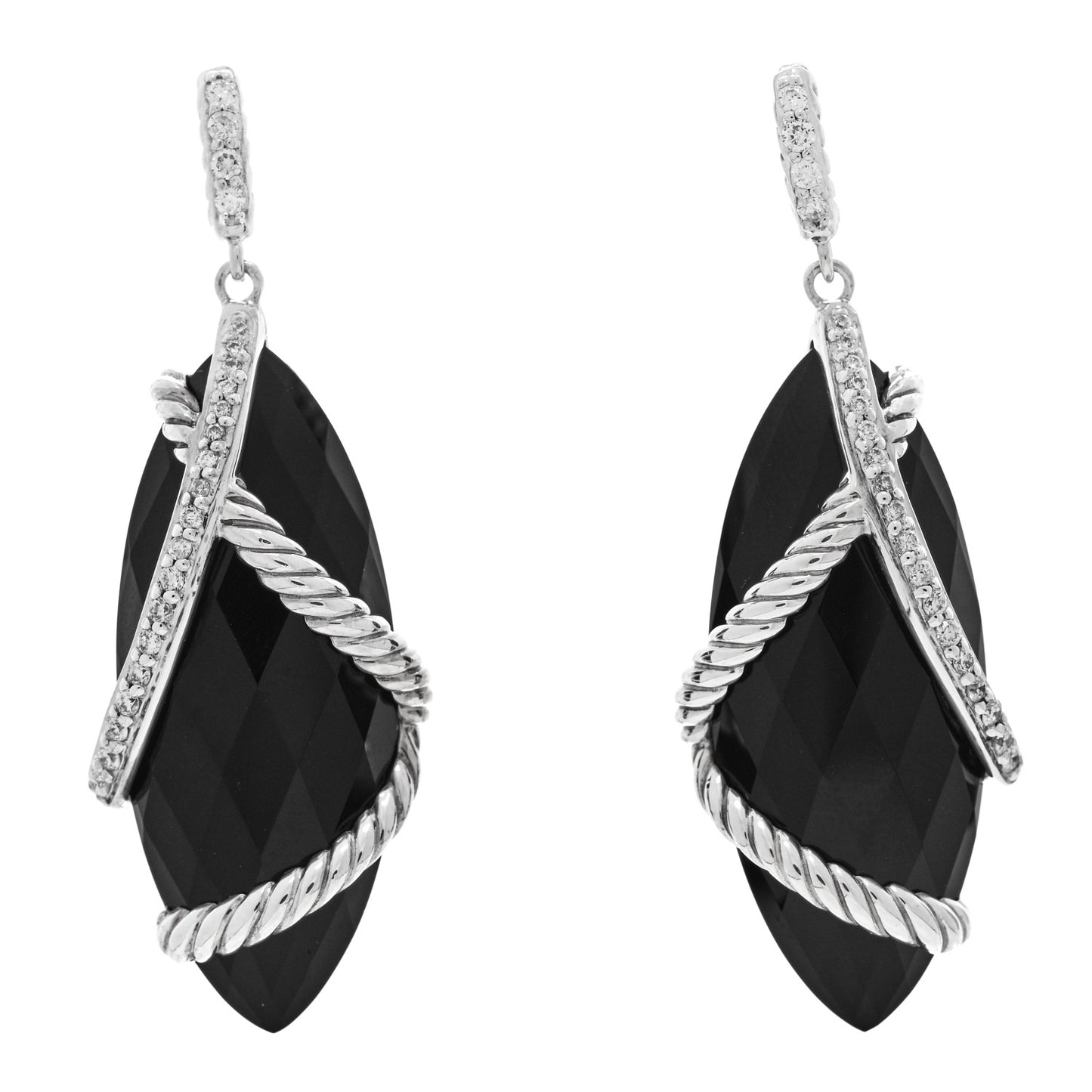 Sterling Silver Diamond Black Onyx Cable Wrap Drop Earrings